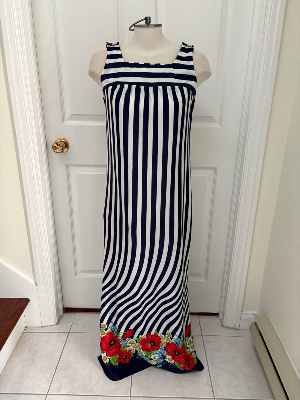 Jarvi Navy & White Striped Maxi Dress with Floral Hem ladies small